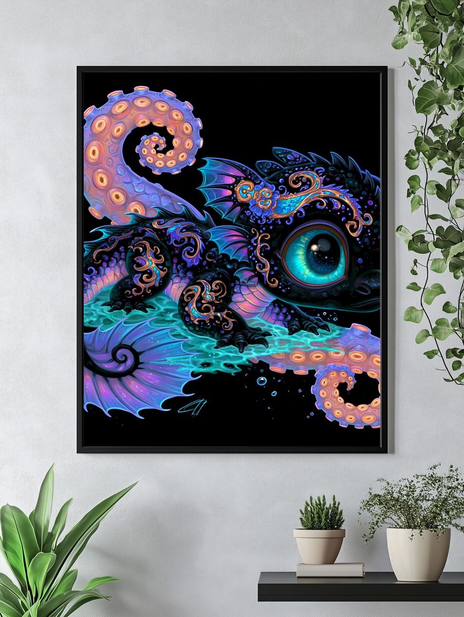 Neon Octopus Dragon Illustration Poster. — room view 4