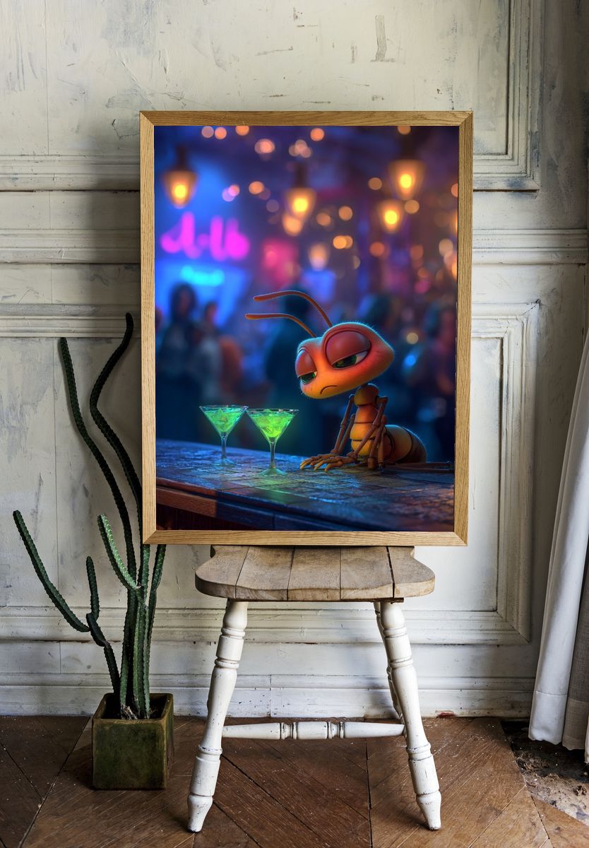 Lonely Ant at Neon Bar Illustration Print. room preview
