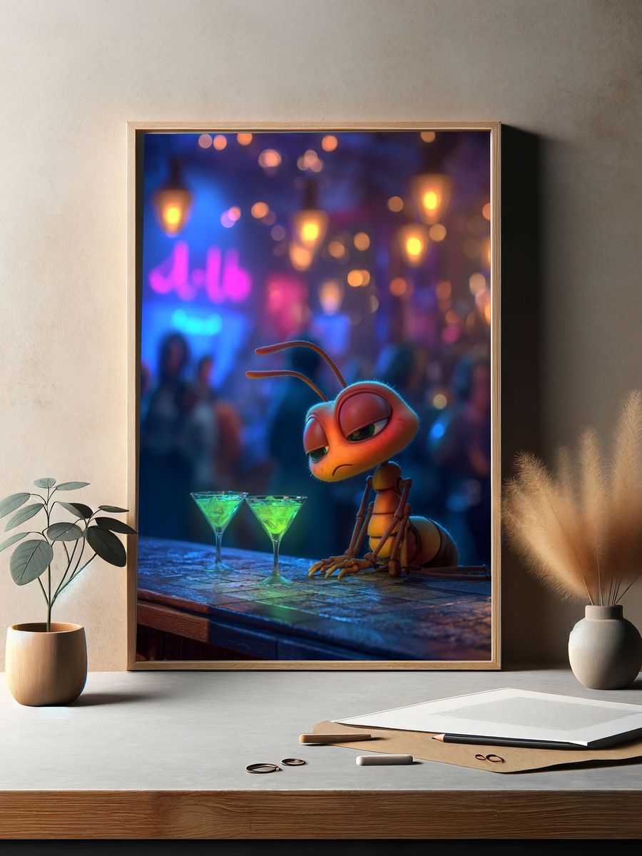 Lonely Ant at Neon Bar Illustration Print. — room view 2