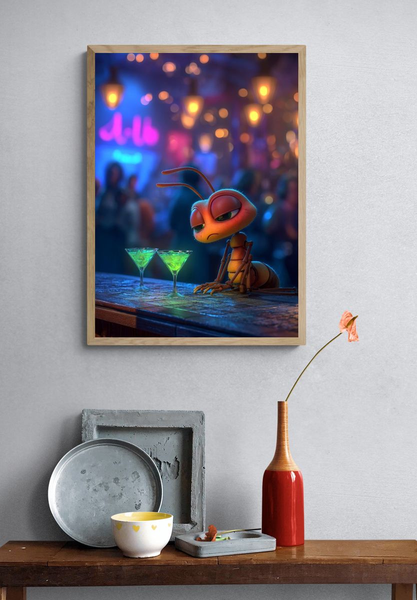 Lonely Ant at Neon Bar Illustration Print. — room view 3