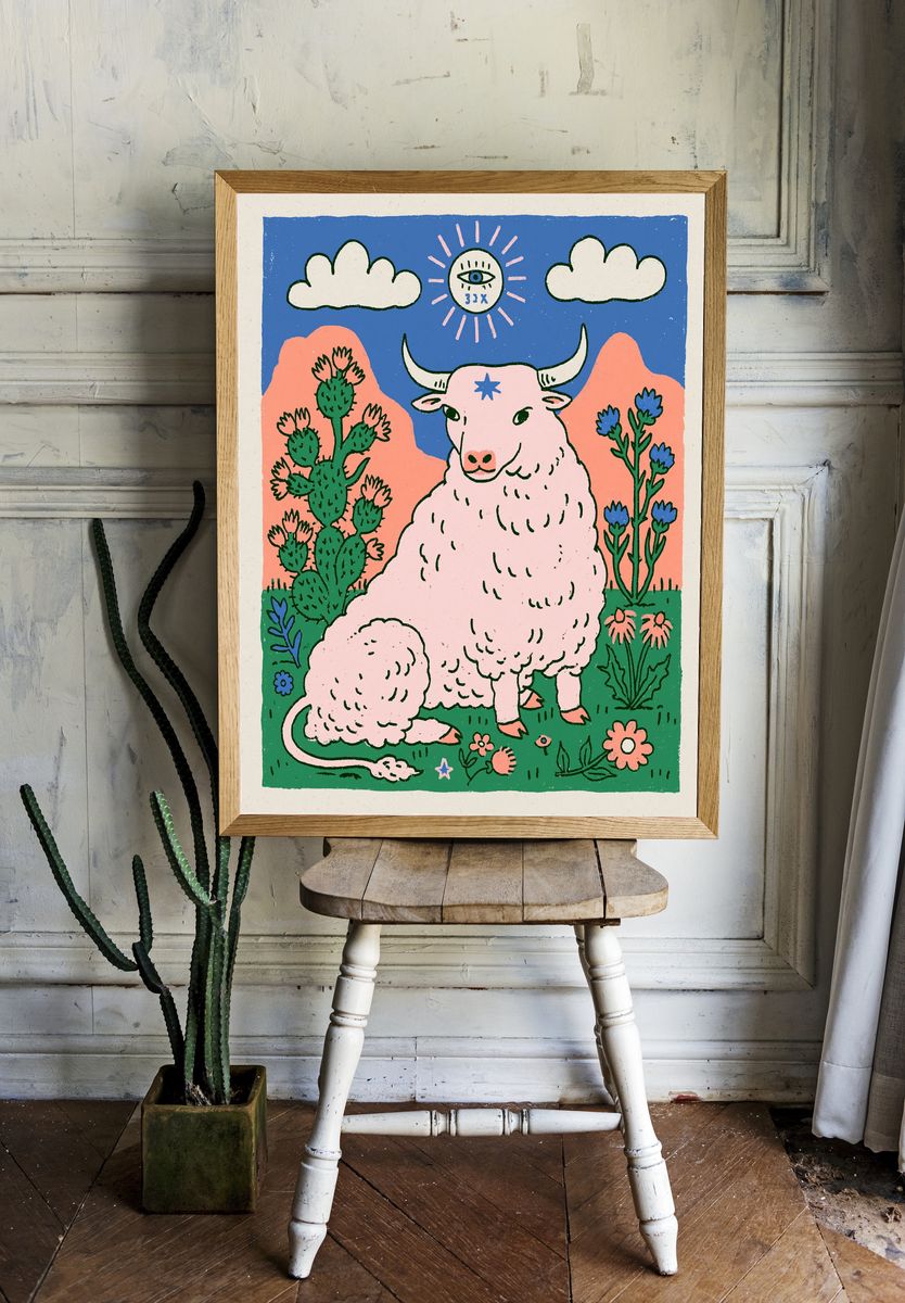 Pastel Bull in Desert Illustration Poster. room preview