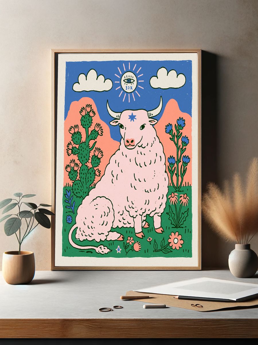 Pastel Bull in Desert Illustration Poster. — room view 2