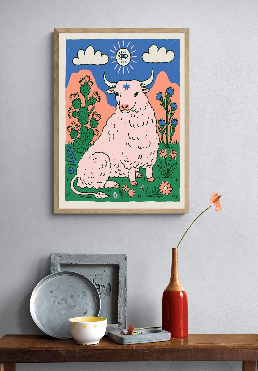 Pastel Bull in Desert Illustration Poster. — room view 3
