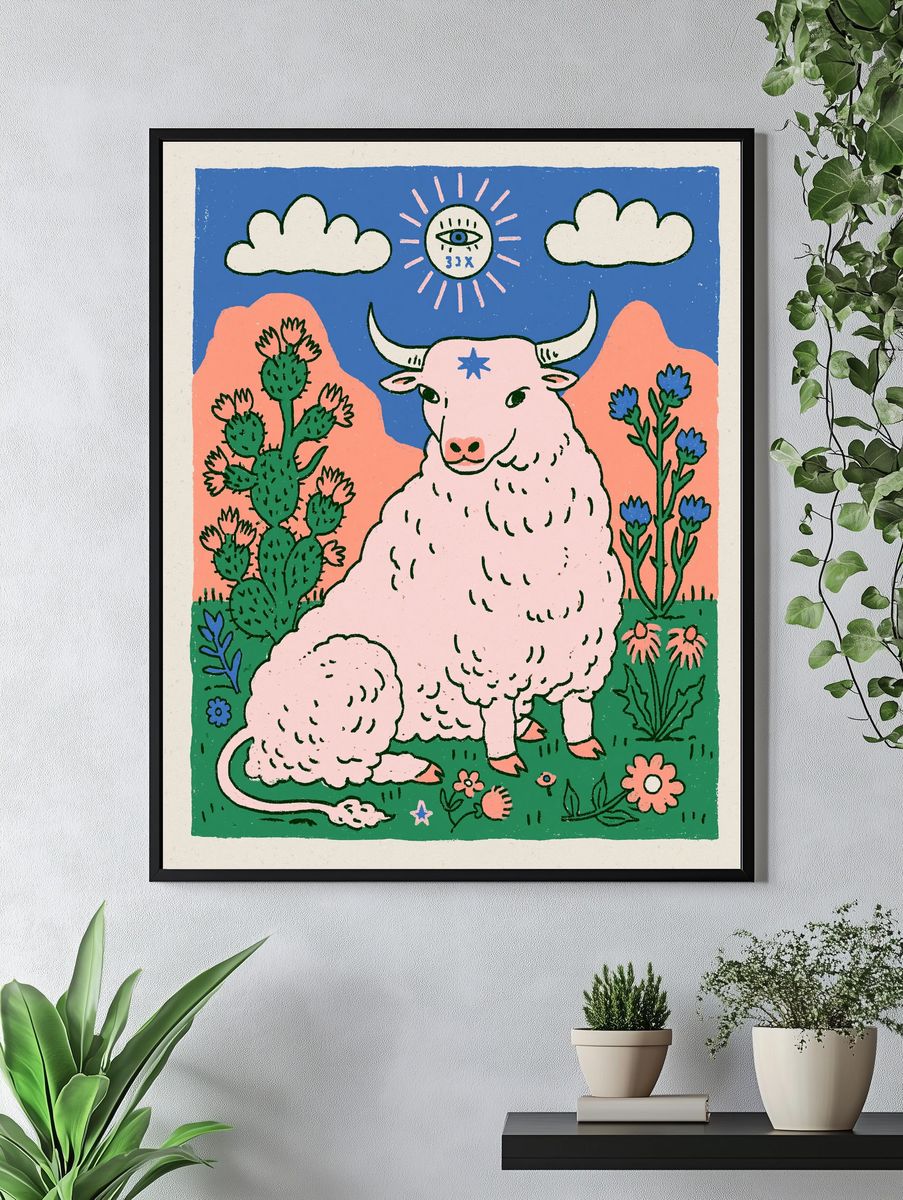 Pastel Bull in Desert Illustration Poster. — room view 4