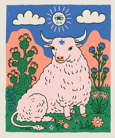 Pastel Bull in Desert Illustration Poster.