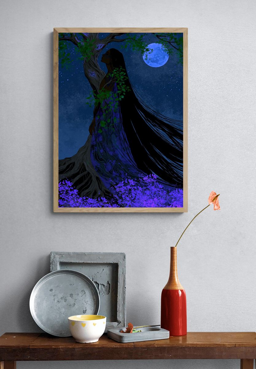 Moonlit Forest Spirit Illustration Poster. — room view 3