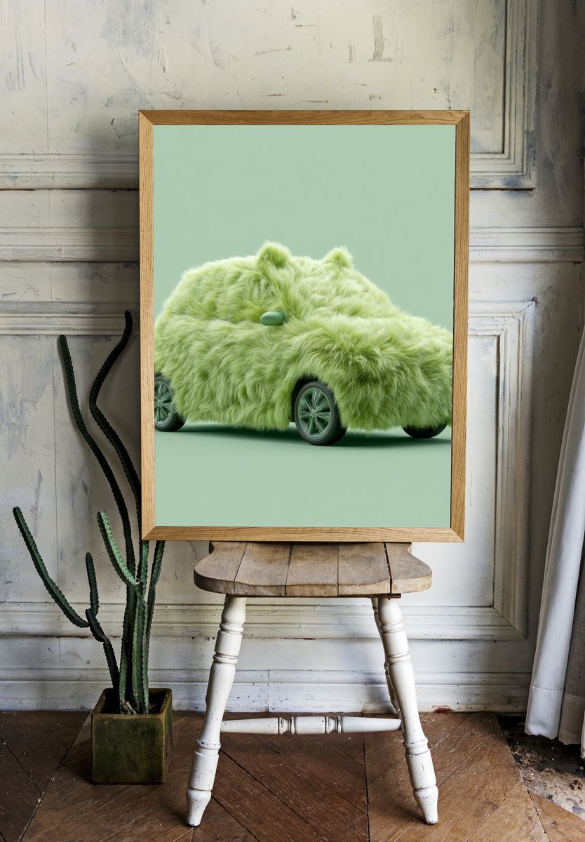 Fuzzy Green Car Illustration Poster. — room view 1