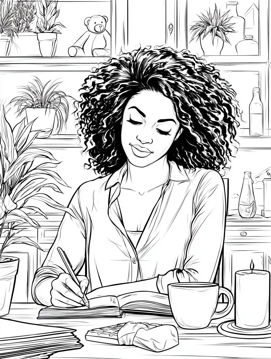 Woman Journaling at Desk Illustration Poster. poster detail