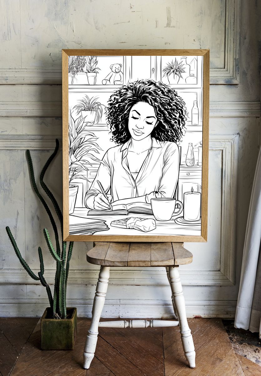 Woman Journaling at Desk Illustration Poster. — room view 1
