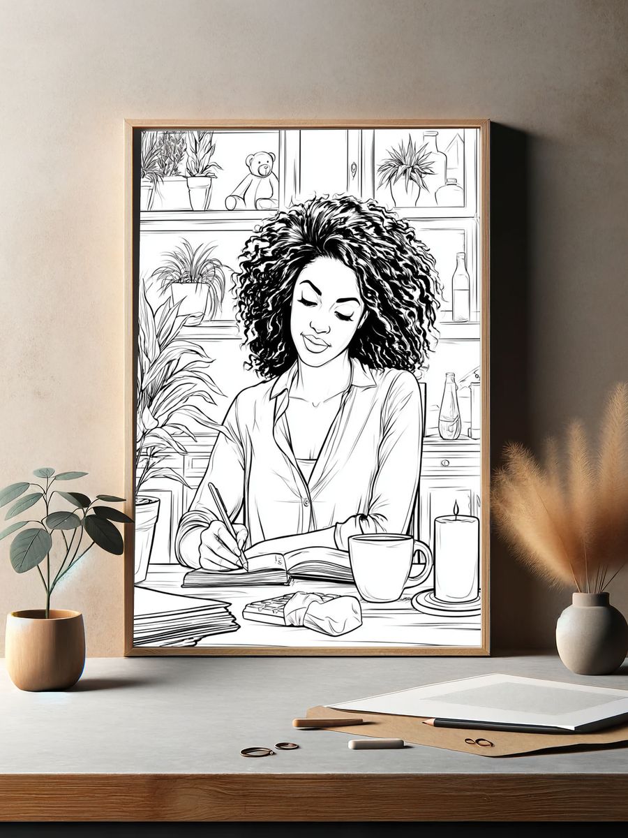 Woman Journaling at Desk Illustration Poster. — room view 2