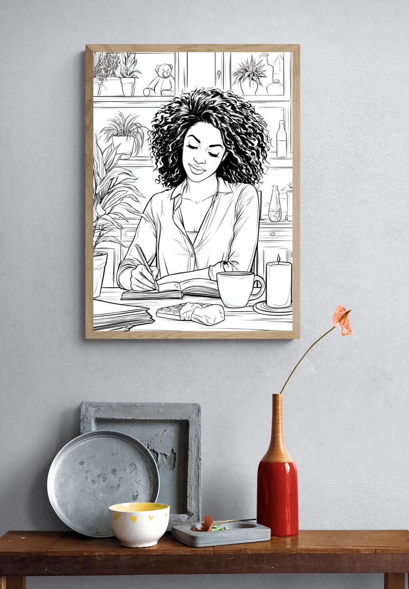 Woman Journaling at Desk Illustration Poster. — room view 3