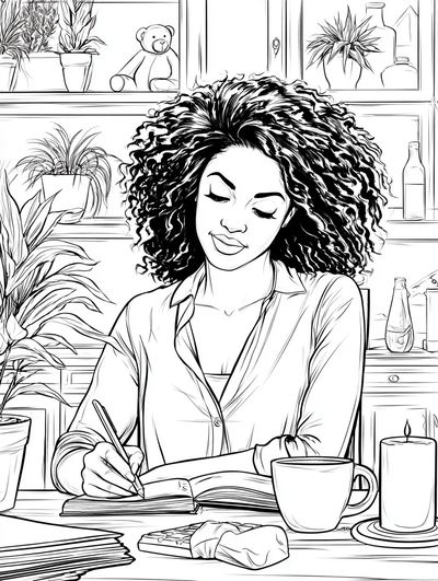 Woman Journaling at Desk Illustration Poster. poster print