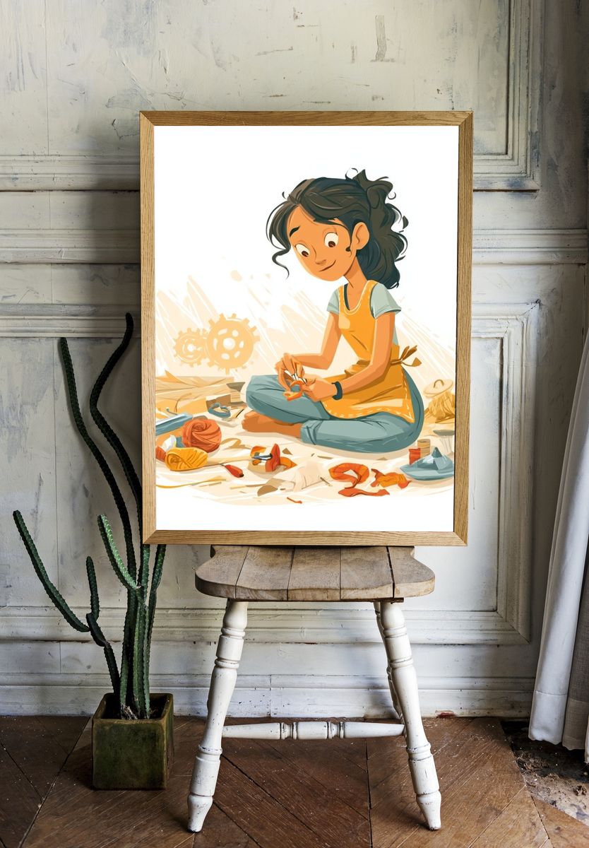 Young Girl Sewing Illustration Poster. — room view 1
