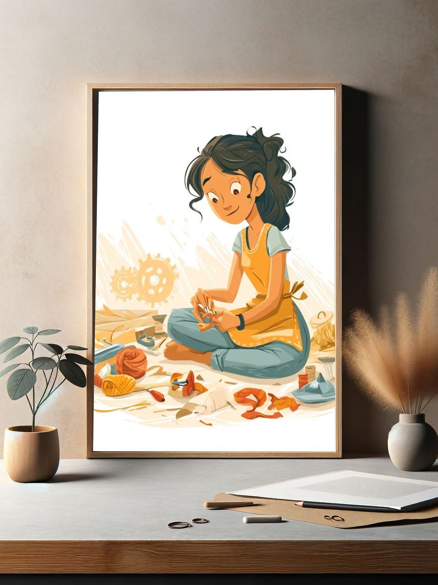 Young Girl Sewing Illustration Poster. — room view 2