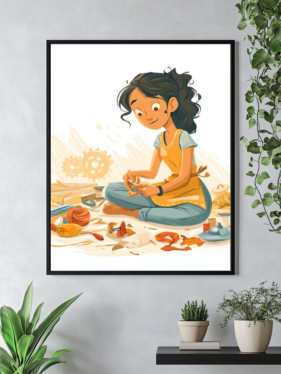 Young Girl Sewing Illustration Poster. — room view 4