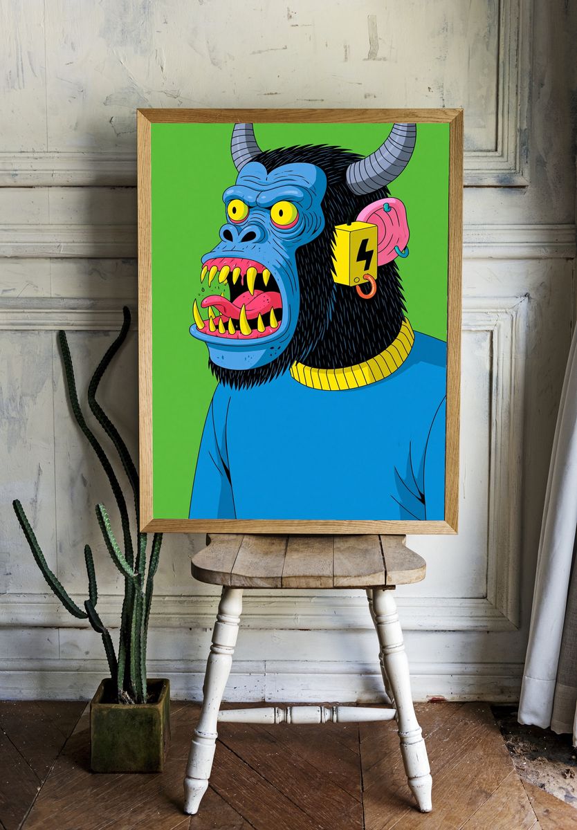 Neon Horned Gorilla Illustration Poster. room preview