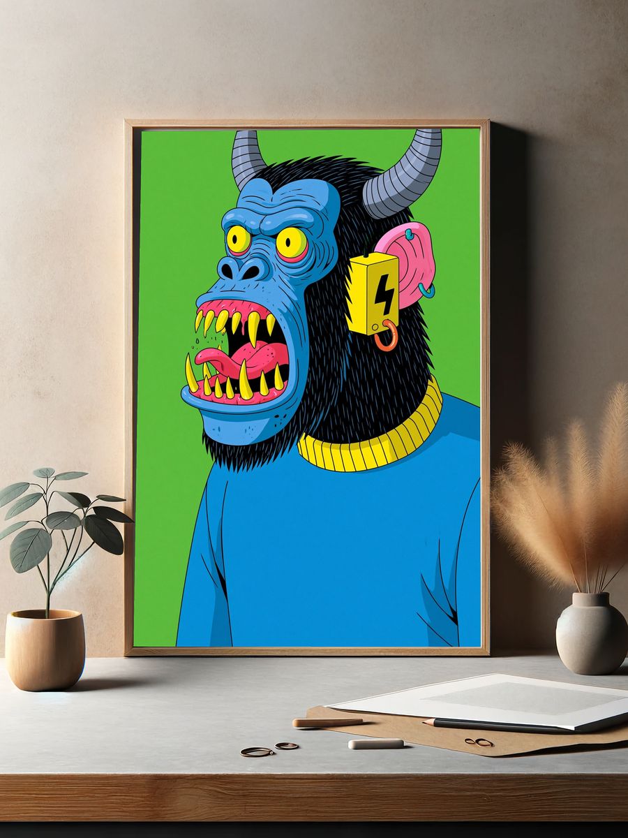 Neon Horned Gorilla Illustration Poster. — room view 2
