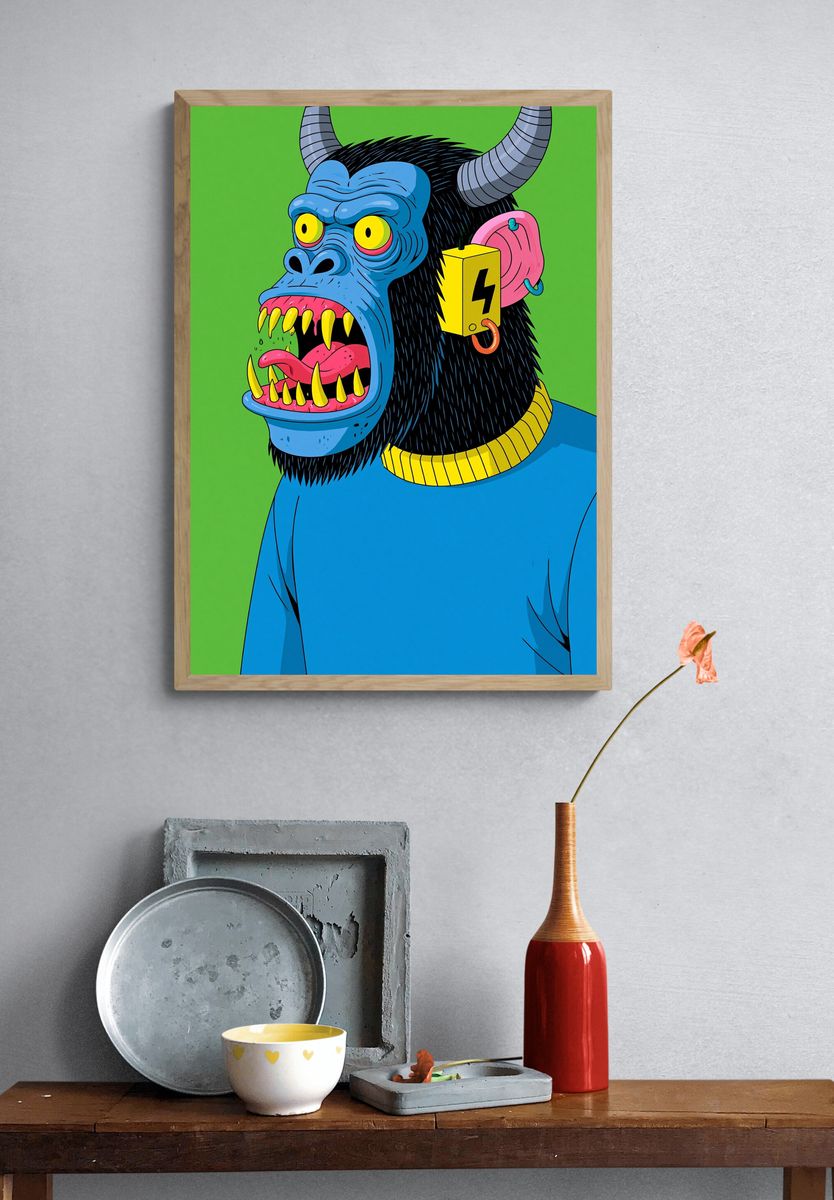 Neon Horned Gorilla Illustration Poster. — room view 3