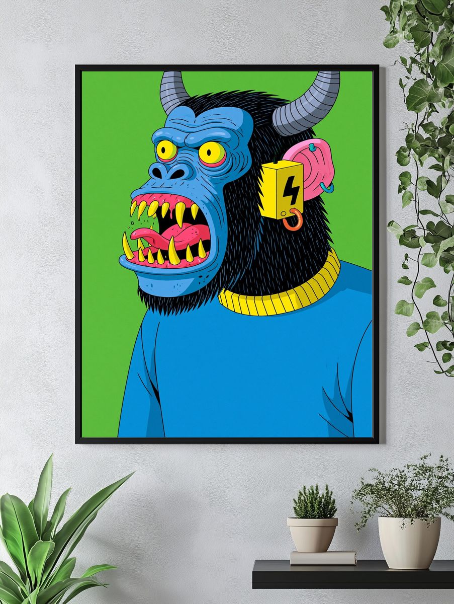 Neon Horned Gorilla Illustration Poster. — room view 4