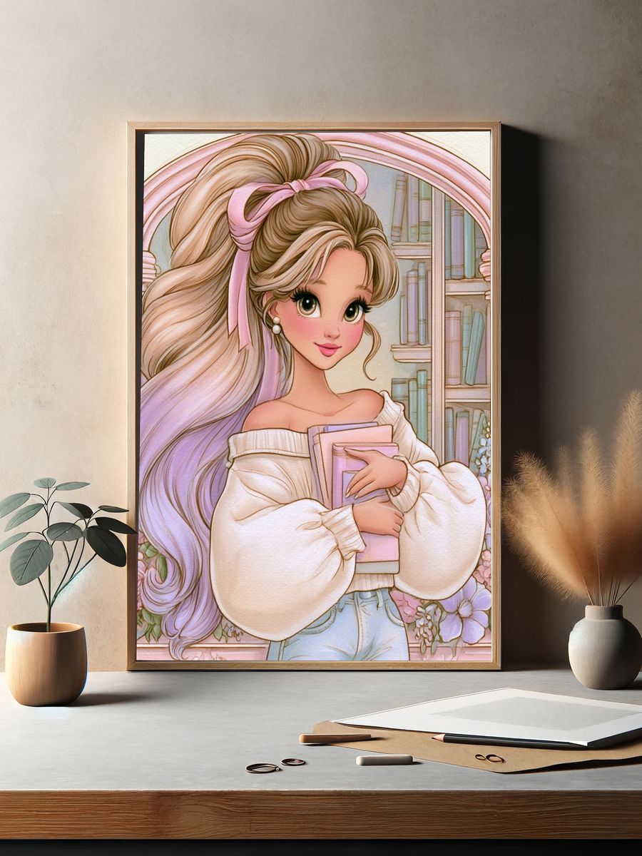 Pastel Bookish Girl Illustration Poster. — room view 2