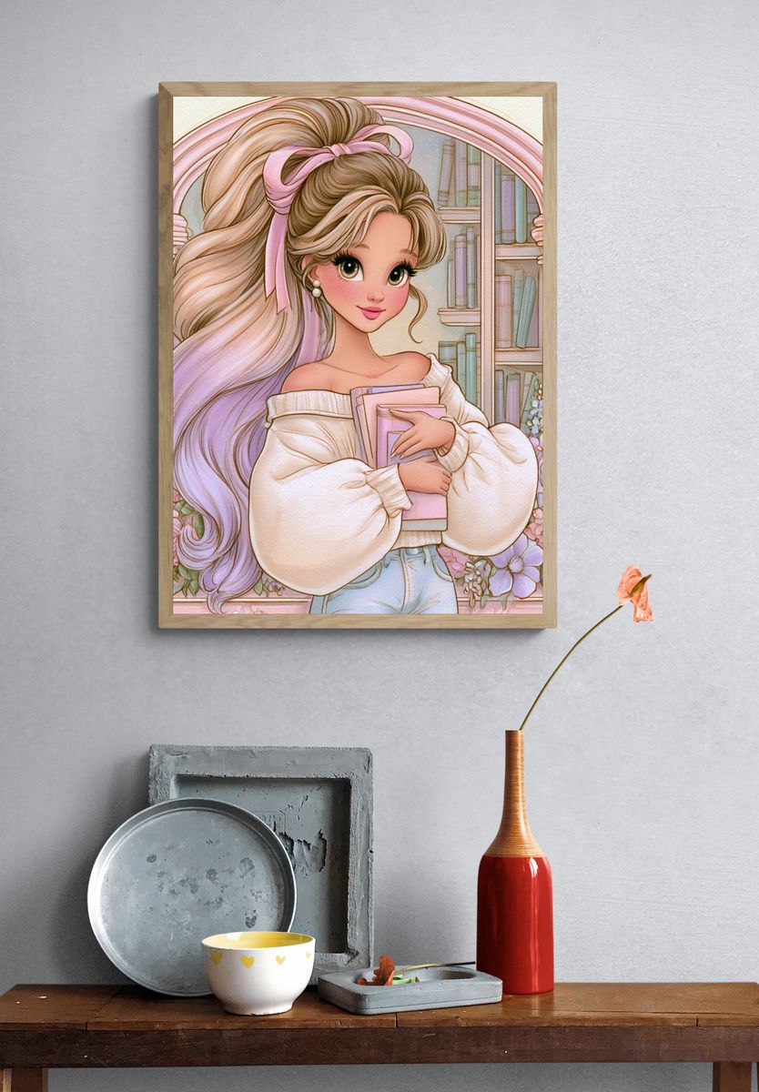 Pastel Bookish Girl Illustration Poster. — room view 3