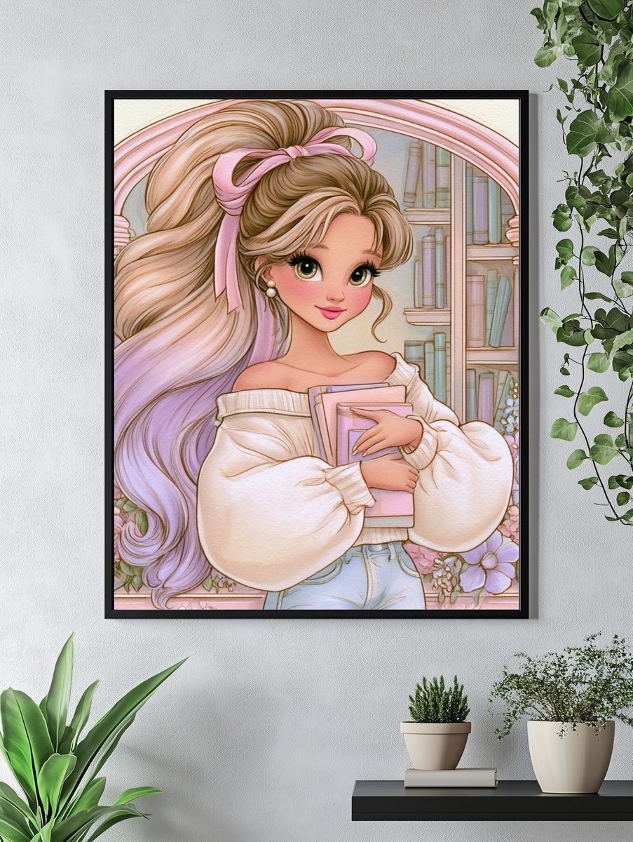 Pastel Bookish Girl Illustration Poster. — room view 4