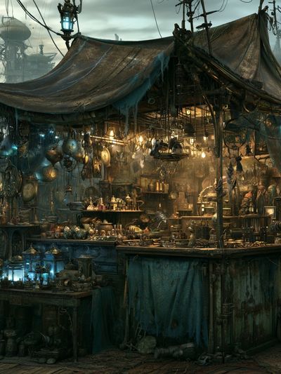 Steampunk Market Stall Illustration Poster.
