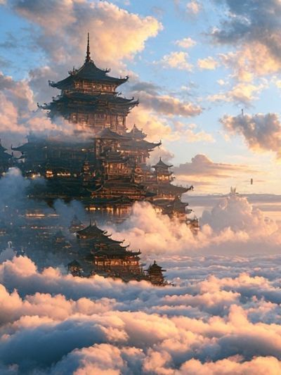 Floating Temple in Clouds Poster.