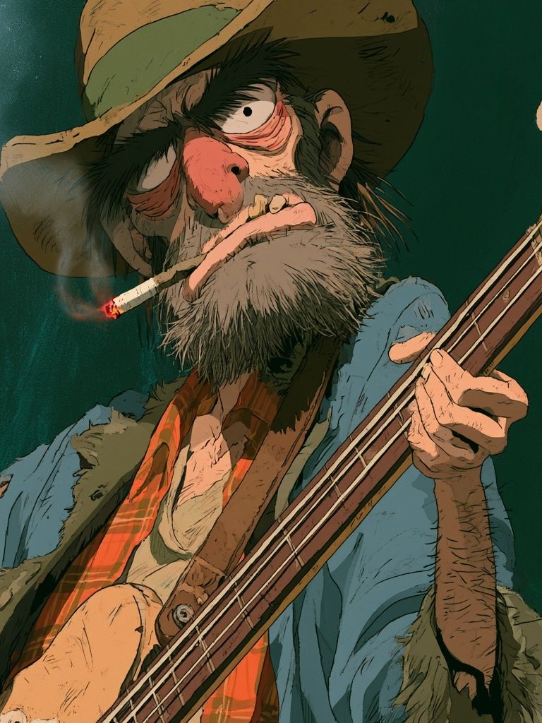 Grizzled Bass Player Illustration Poster. poster — illustration art