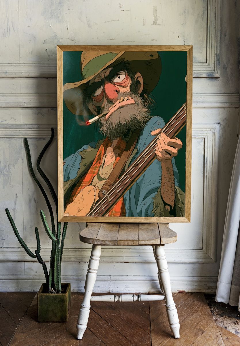 Grizzled Bass Player Illustration Poster. room preview