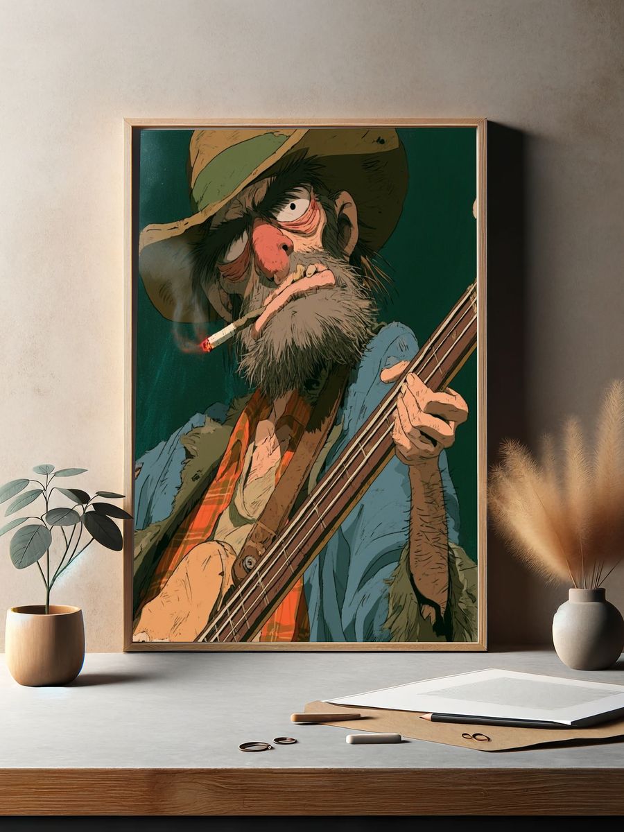 Grizzled Bass Player Illustration Poster. — room view 2