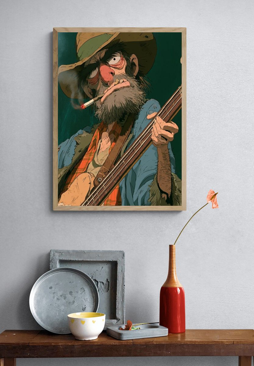 Grizzled Bass Player Illustration Poster. — room view 3