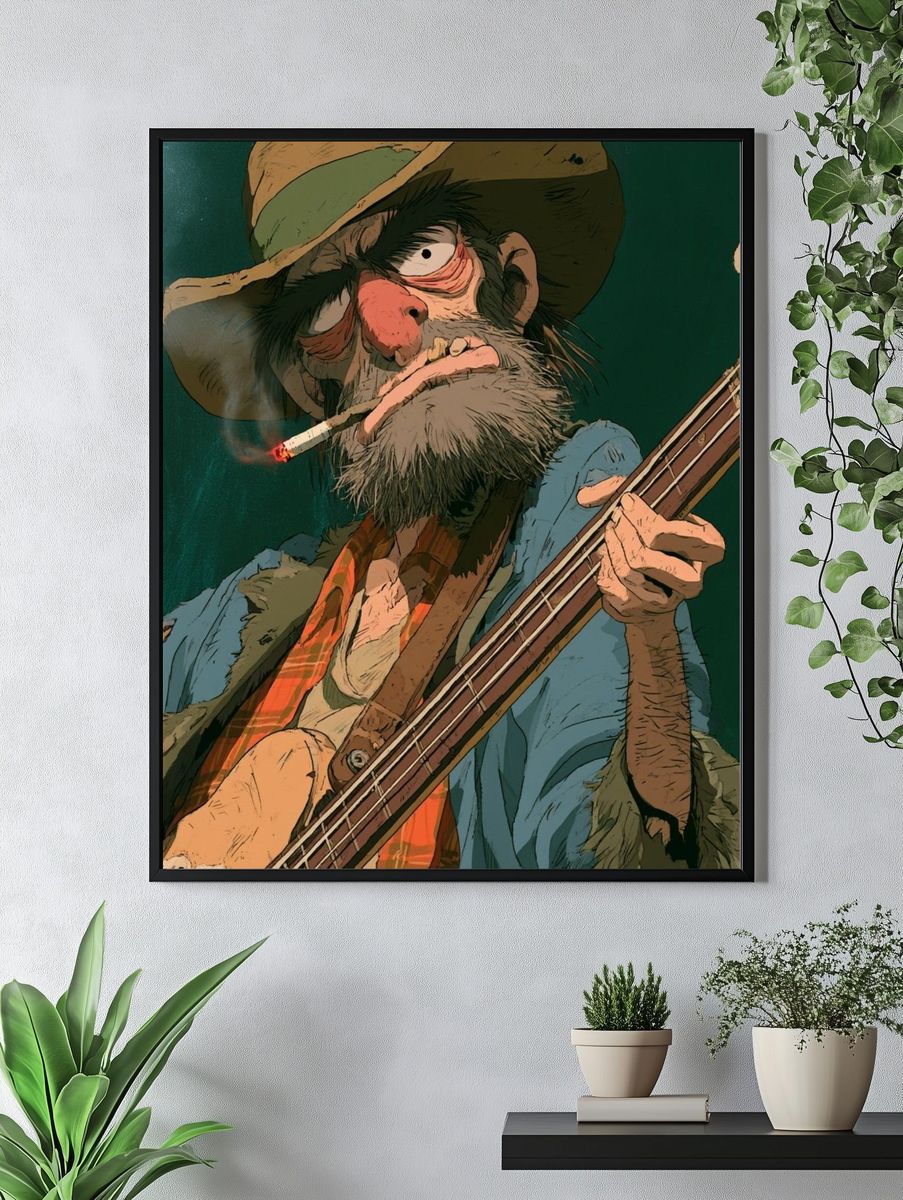Grizzled Bass Player Illustration Poster. — room view 4