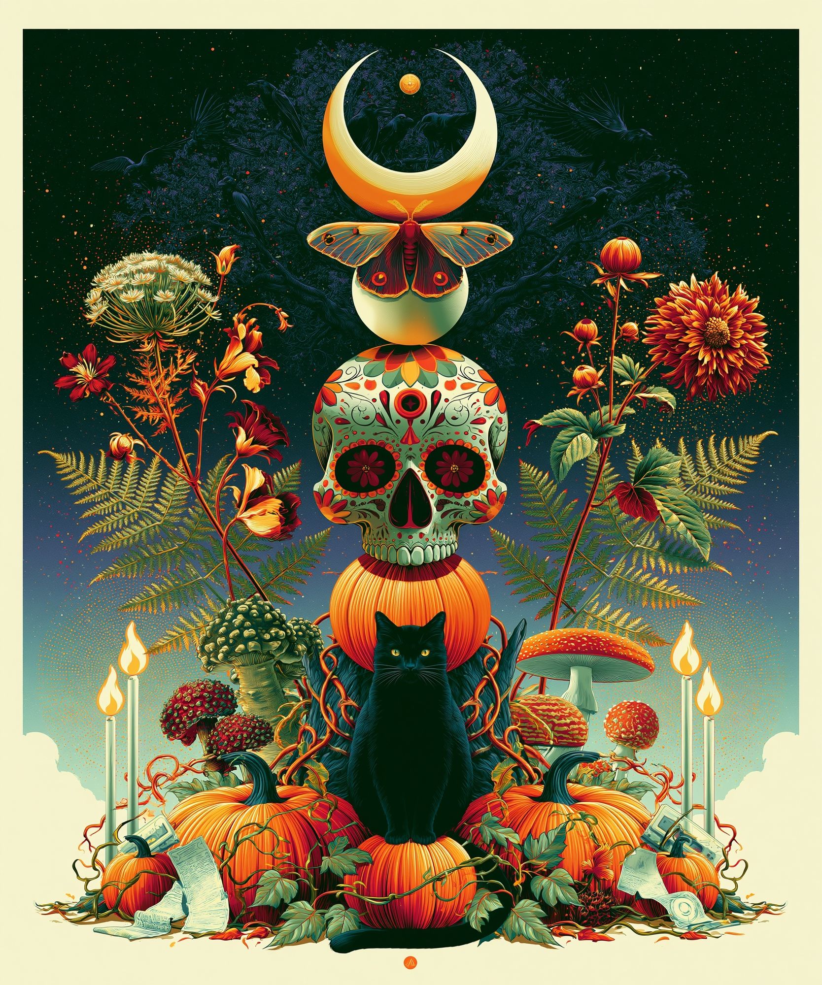 Mystic Cat Skull Botanical Poster. poster — illustration art