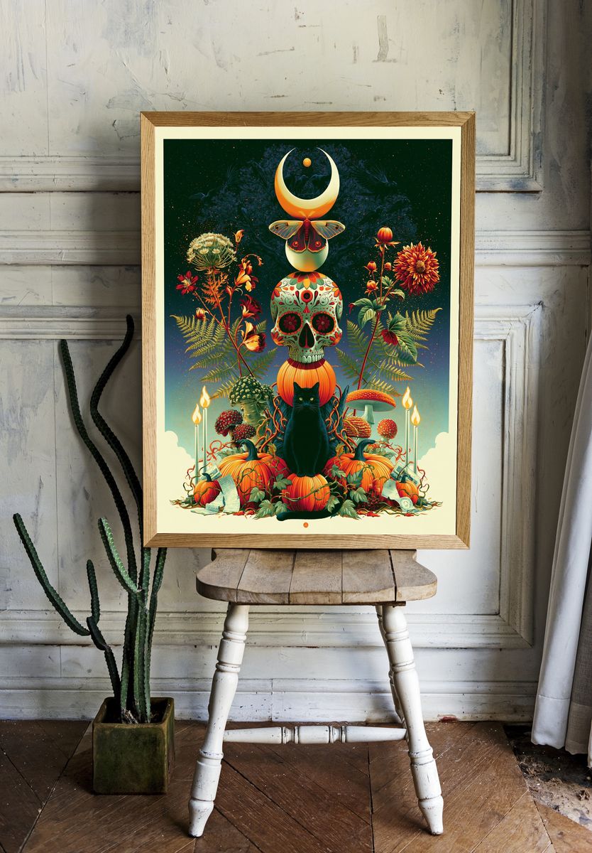 Mystic Cat Skull Botanical Poster. — room view 1