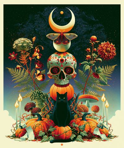 Mystic Cat Skull Botanical Poster. poster