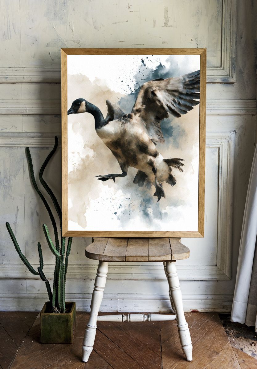 Flying Goose Watercolor Print. room preview