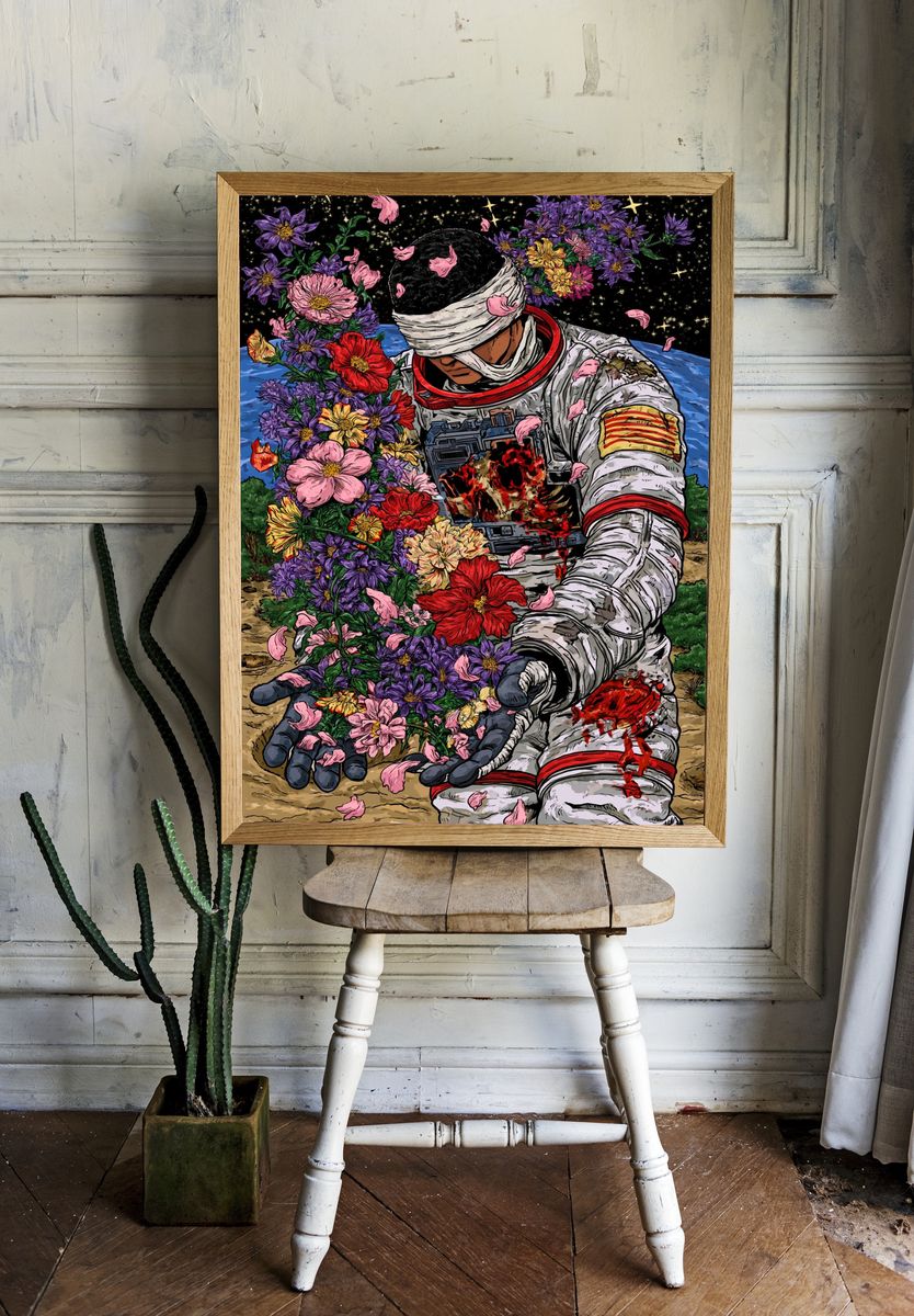 Astronaut Flower Bloom Illustration Poster. — room view 1