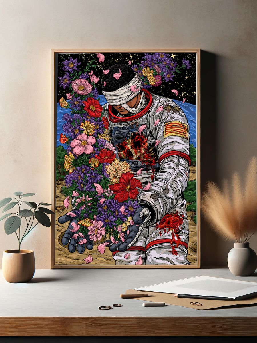 Astronaut Flower Bloom Illustration Poster. — room view 2