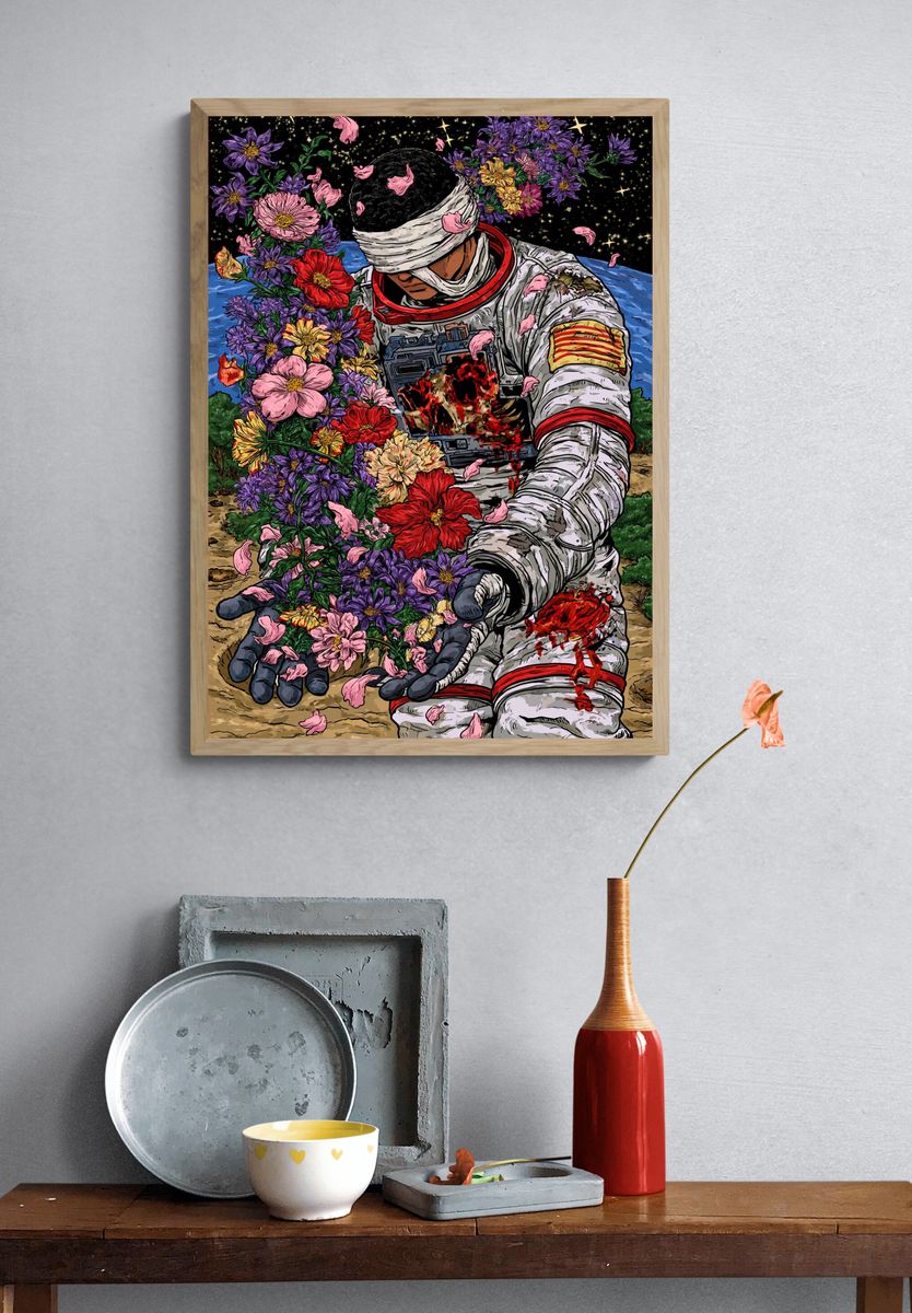 Astronaut Flower Bloom Illustration Poster. — room view 3