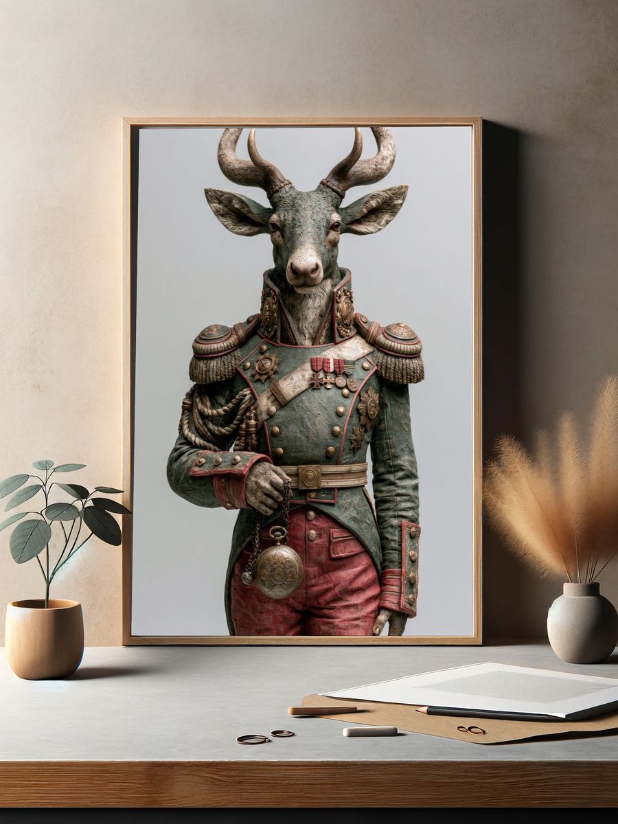 Antlered General Deer Illustration Poster. — room view 2