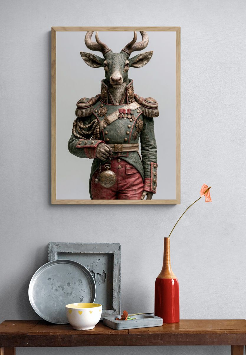 Antlered General Deer Illustration Poster. — room view 3