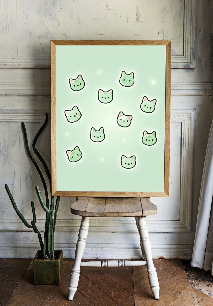 Cute Green Cat Faces Illustration Poster. room preview