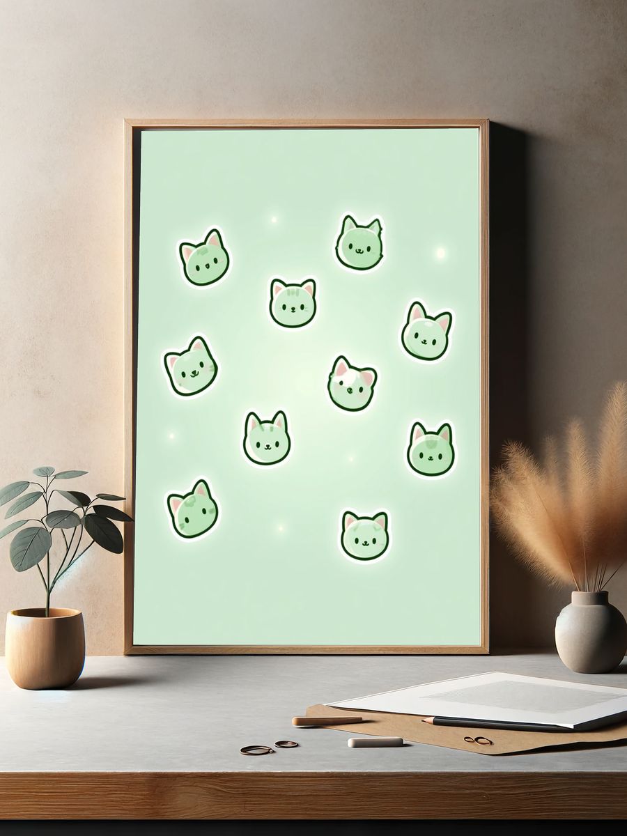 Cute Green Cat Faces Illustration Poster. — room view 2
