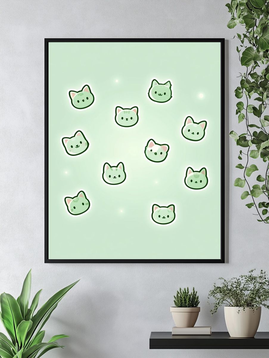 Cute Green Cat Faces Illustration Poster. — room view 4