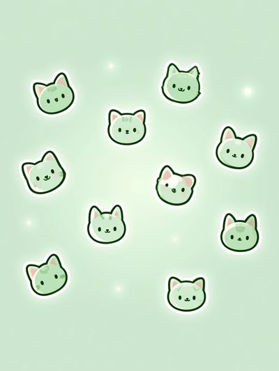 Cute Green Cat Faces Illustration Poster.