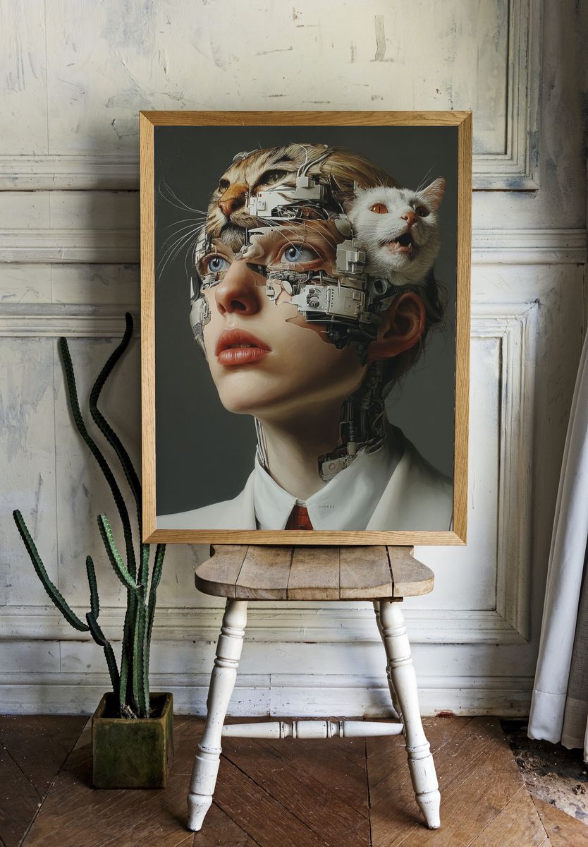 Cybernetic Cat Portrait Print. — room view 1
