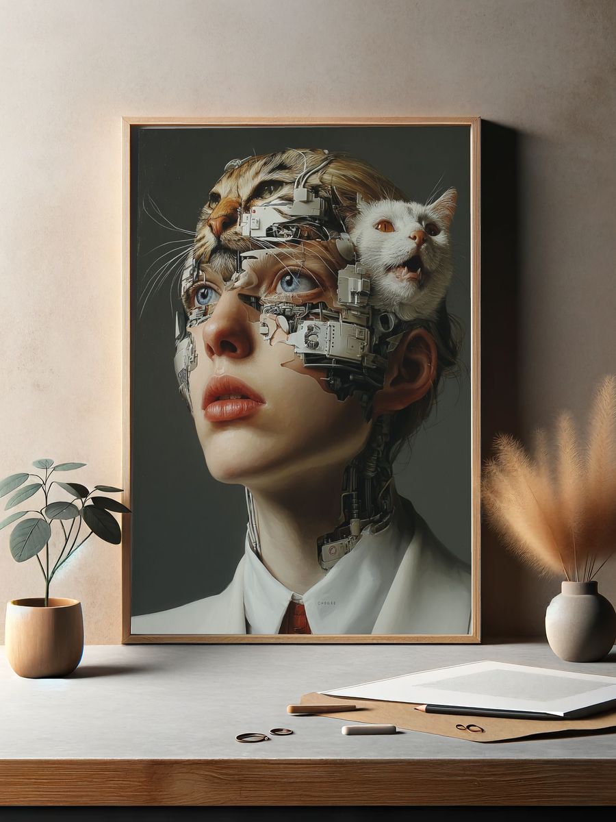 Cybernetic Cat Portrait Print. — room view 2