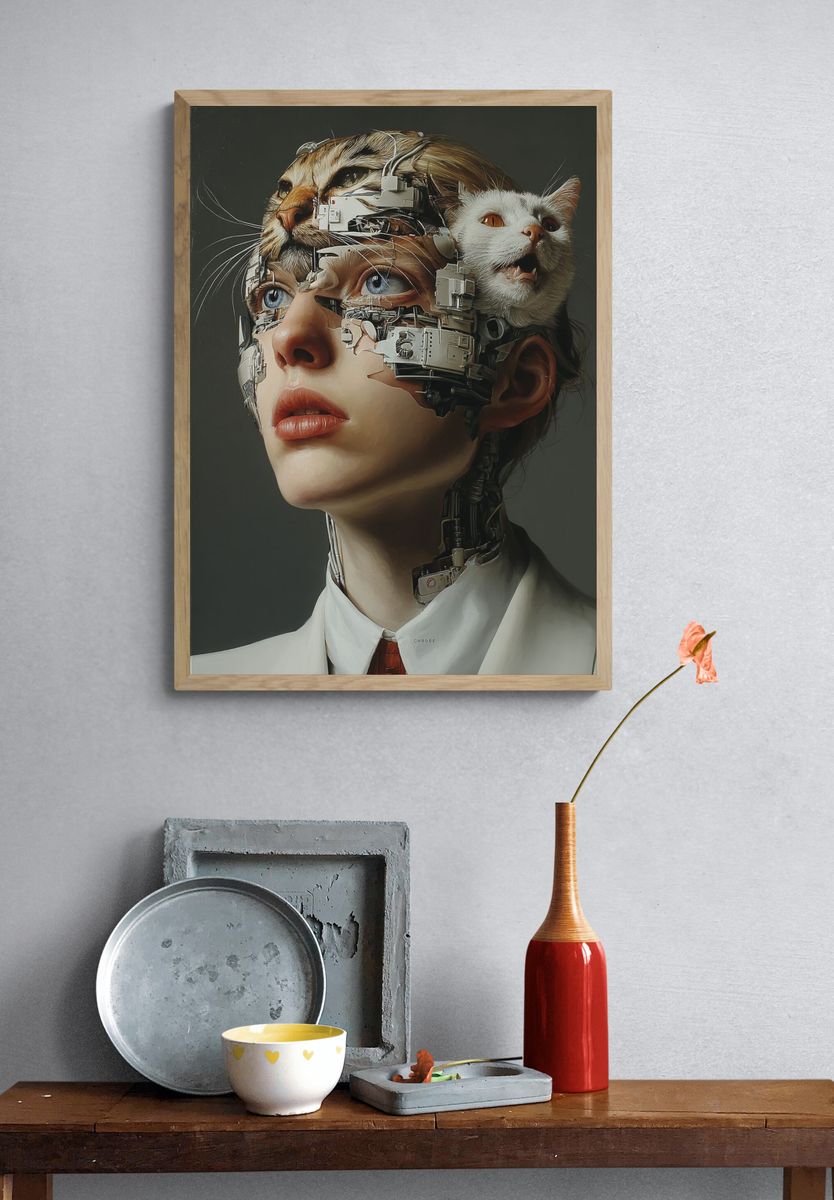 Cybernetic Cat Portrait Print. — room view 3
