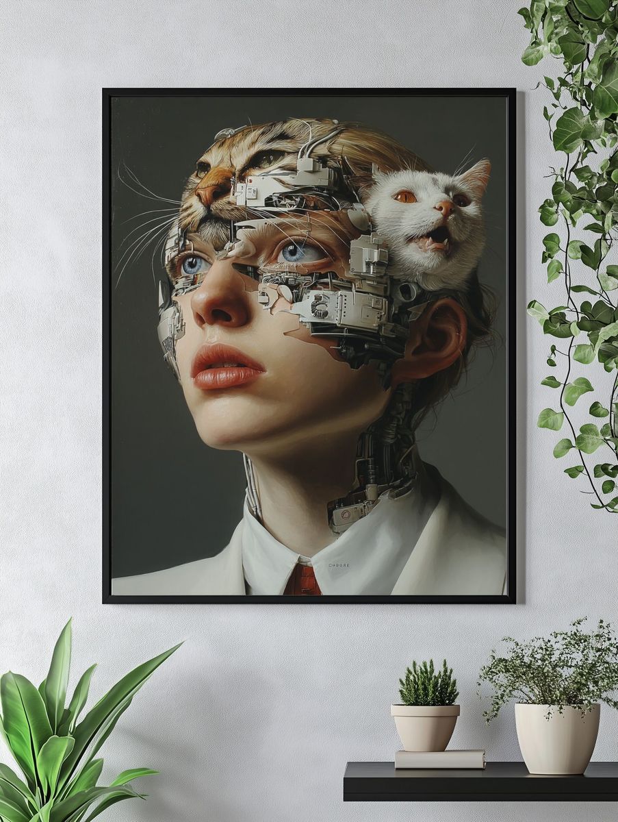 Cybernetic Cat Portrait Print. — room view 4